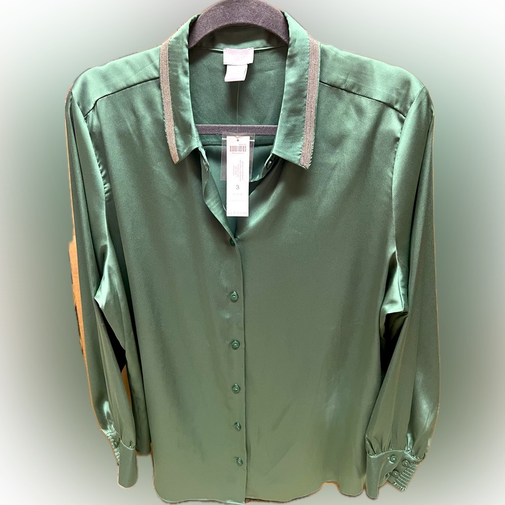 Chicos Satin Collar solid Ballchain shirt ~ beautiful Iced Jade color w/tags
